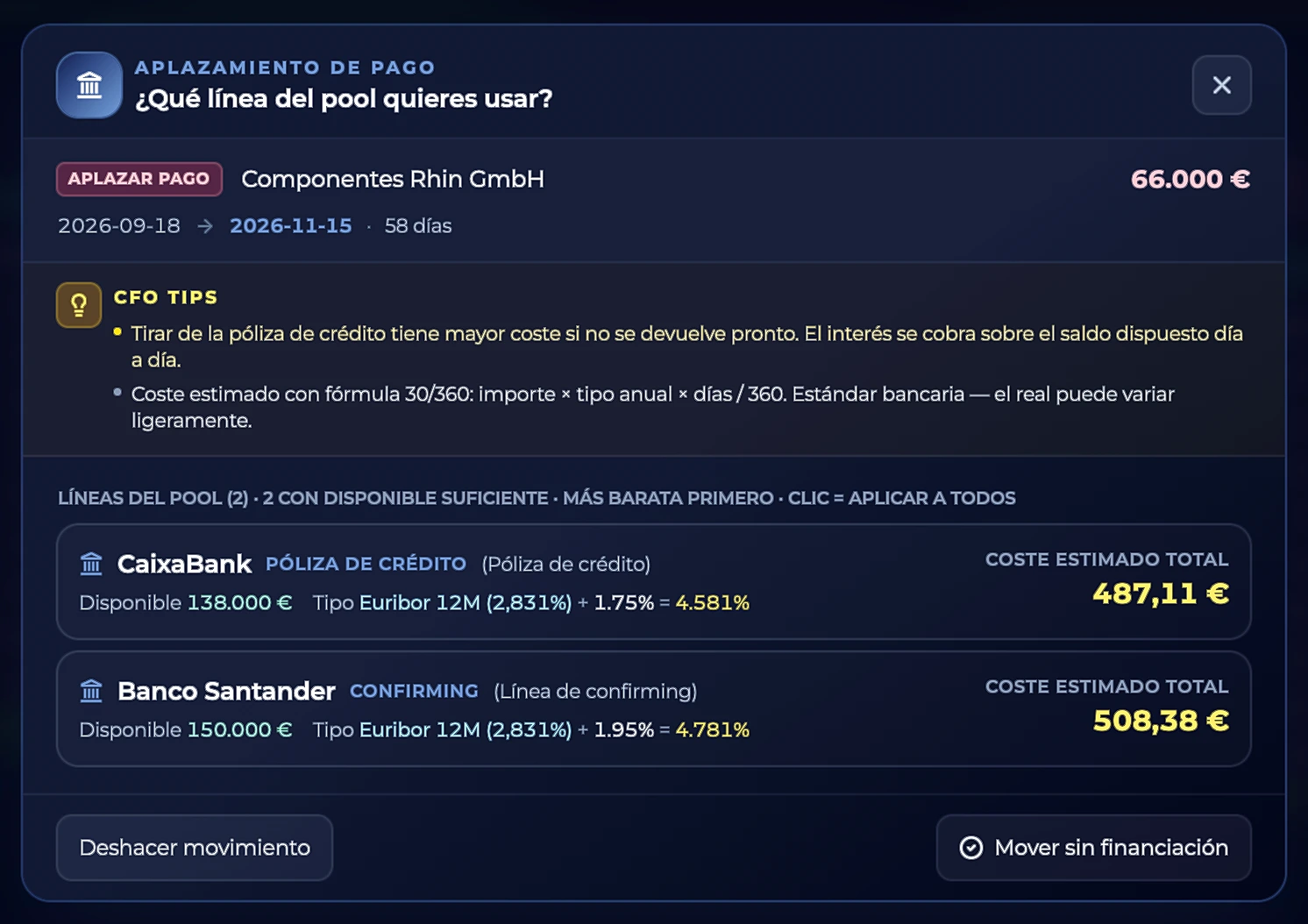 Selector de línea de financiación en Lyquia: comparativa de coste entre póliza de crédito de CaixaBank (487,11 €) y confirming de Banco Santander (508,38 €) con Euríbor del día